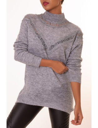 Pull long gris à motif V en dentelle - 5