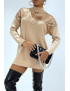 Pull long beige à strass sur le col effet bustier - 1