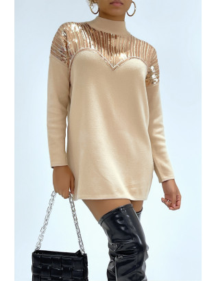 Pull long beige à strass sur le col effet bustier - 2