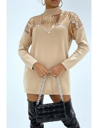 Pull long beige à strass sur le col effet bustier - 3