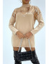 Pull long beige à strass sur le col effet bustier - 3