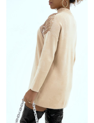 Pull long beige à strass sur le col effet bustier - 5