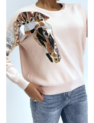 Pull rose à motif cheval en sequins - 3
