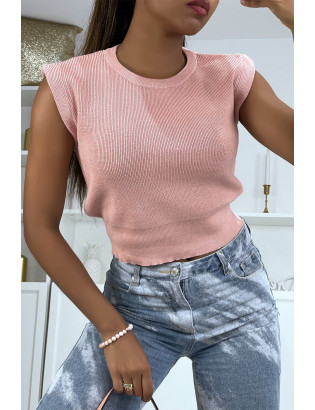 Pull court sans manches rose à col rond - 2
