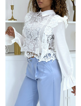 Blouse blanche à col Claudine en dentelle et tulle - 2