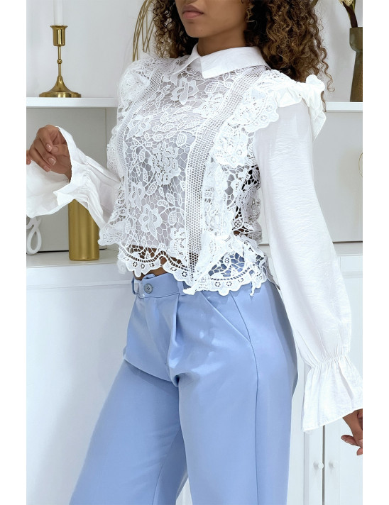 Blouse blanche à col Claudine en dentelle et tulle - 2