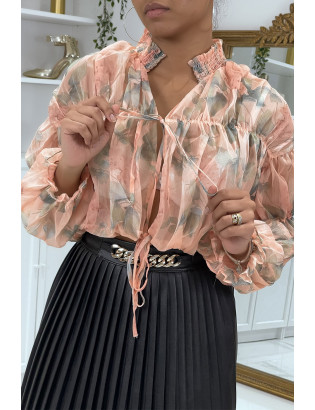 Blouse fleurie à nouer en tulle rose - 5