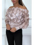 Haut rose col bateau avec taille élastique et motif satiné - 1