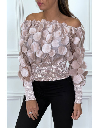 Haut rose col bateau avec taille élastique et motif satiné - 2