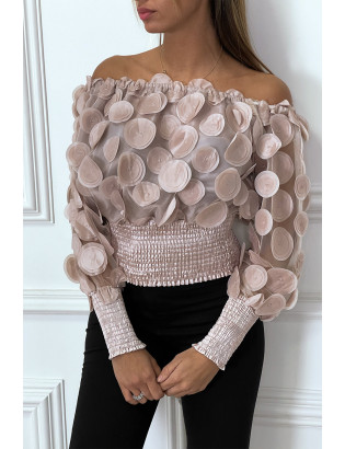 Haut rose col bateau avec taille élastique et motif satiné - 3