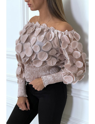 Haut rose col bateau avec taille élastique et motif satiné - 4