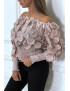 Haut rose col bateau avec taille élastique et motif satiné - 4