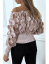 Haut rose col bateau avec taille élastique et motif satiné - 5