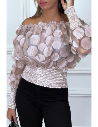 Haut rose col bateau avec taille élastique et motif satiné - 6