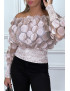 Haut rose col bateau avec taille élastique et motif satiné - 6