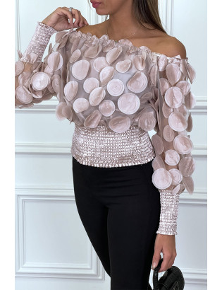Haut rose col bateau avec taille élastique et motif satiné - 7