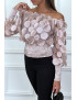 Haut rose col bateau avec taille élastique et motif satiné - 7