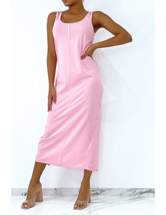 Longue robe rose fluide avec bouton sur l'avant et fente à l'arrière - 1