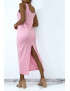 Longue robe rose fluide avec bouton sur l'avant et fente à l'arrière - 3