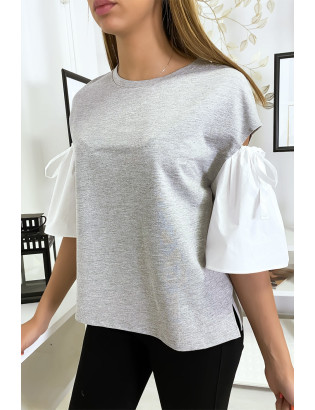 Haut gris bi-matière avec manche bouffante dénudé - 2
