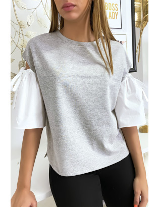 Haut gris bi-matière avec manche bouffante dénudé - 3
