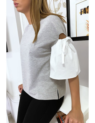 Haut gris bi-matière avec manche bouffante dénudé - 4