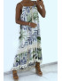 Longue robe bretelle à motif vert avec dentelle et pompon - 1