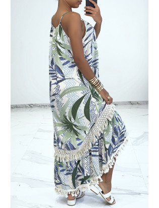 Longue robe bretelle à motif vert avec dentelle et pompon - 2