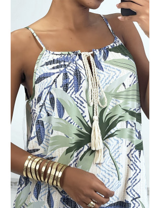 Longue robe bretelle à motif vert avec dentelle et pompon - 3