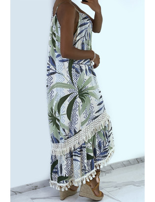 Longue robe bretelle à motif vert avec dentelle et pompon - 4