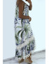 Longue robe bretelle à motif vert avec dentelle et pompon - 4