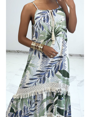 Longue robe bretelle à motif vert avec dentelle et pompon - 5