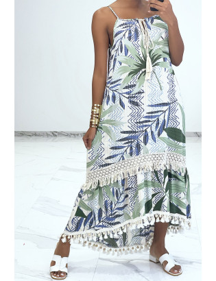 Longue robe bretelle à motif vert avec dentelle et pompon - 6