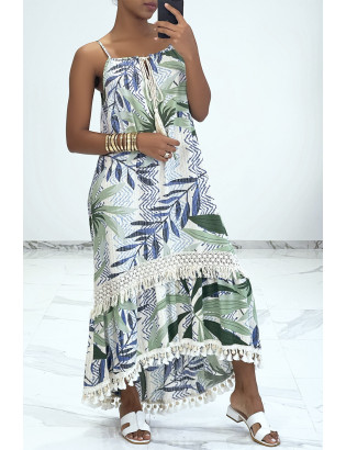 Longue robe bretelle à motif vert avec dentelle et pompon - 7