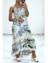 Longue robe bretelle à motif vert avec dentelle et pompon - 7