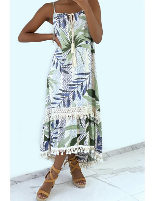 Longue robe bretelle à motif vert avec dentelle et pompon - 8
