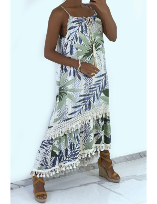 Longue robe bretelle à motif vert avec dentelle et pompon - 9