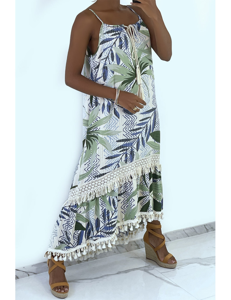 Longue robe bretelle à motif vert avec dentelle et pompon - 9