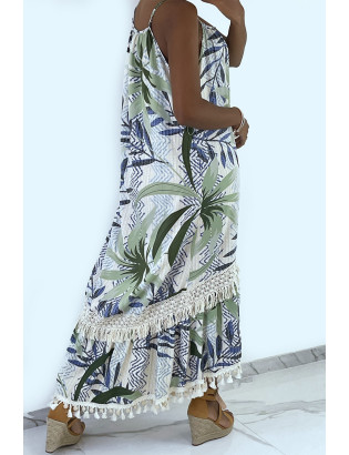 Longue robe bretelle à motif vert avec dentelle et pompon - 10