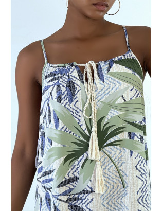 Longue robe bretelle à motif vert avec dentelle et pompon - 11
