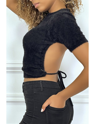 T-shirt tissu duveteux noir à dos nus - 2
