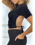 T-shirt tissu duveteux noir à dos nus - 2