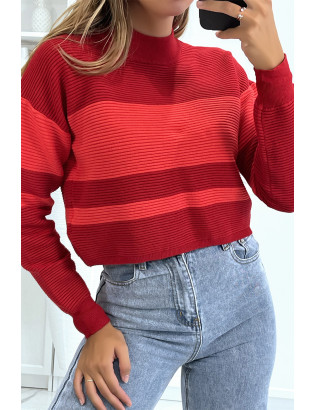 Pull rouge côtelé et col roulé à bandes - 2