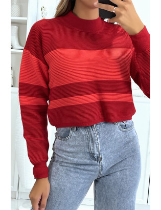 Pull rouge côtelé et col roulé à bandes - 3