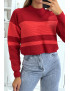 Pull rouge côtelé et col roulé à bandes - 3