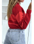 Pull rouge côtelé et col roulé à bandes - 4