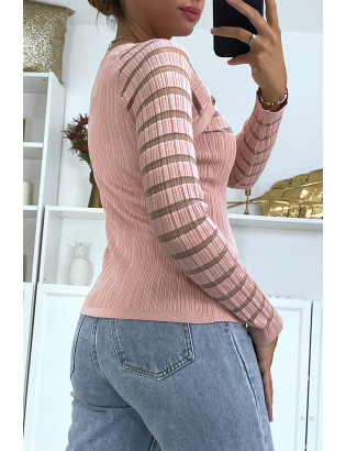 Pull rose côtelé bi matière en haut et manches - 1