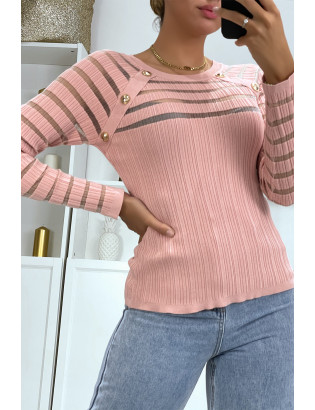 Pull rose côtelé bi matière en haut et manches - 2