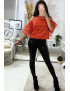 Top rouge satiné avec manches volante et buste en tulle - 1