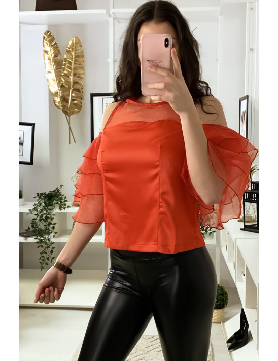 Top rouge satiné avec manches volante et buste en tulle - 3